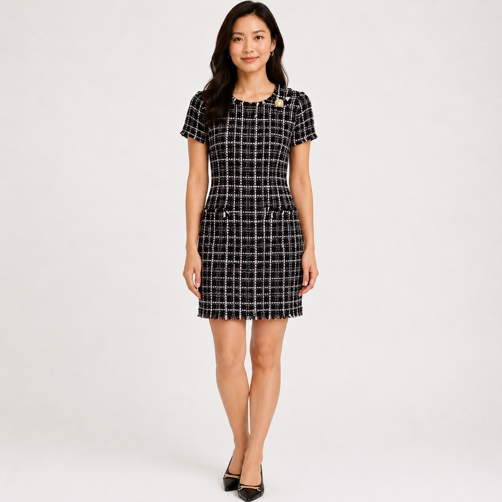 Harper Rose Tweed Short Sleeve Sheath Dress Size 6P Black Pink Plaid Brooch NWT